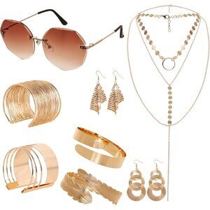 8PCS 70s Gold Disco Accessories Set for Women Earrings Necklace Bracelets